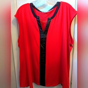 Red blouse with black pleather
